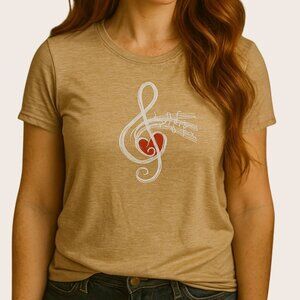 Heart Treble Clef Tee Size XL Music Notes Graphic Tan Short Sleeve Beige Top